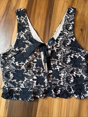 Nasty Gal Black Lace Overlay Crop Top with Nude Lining